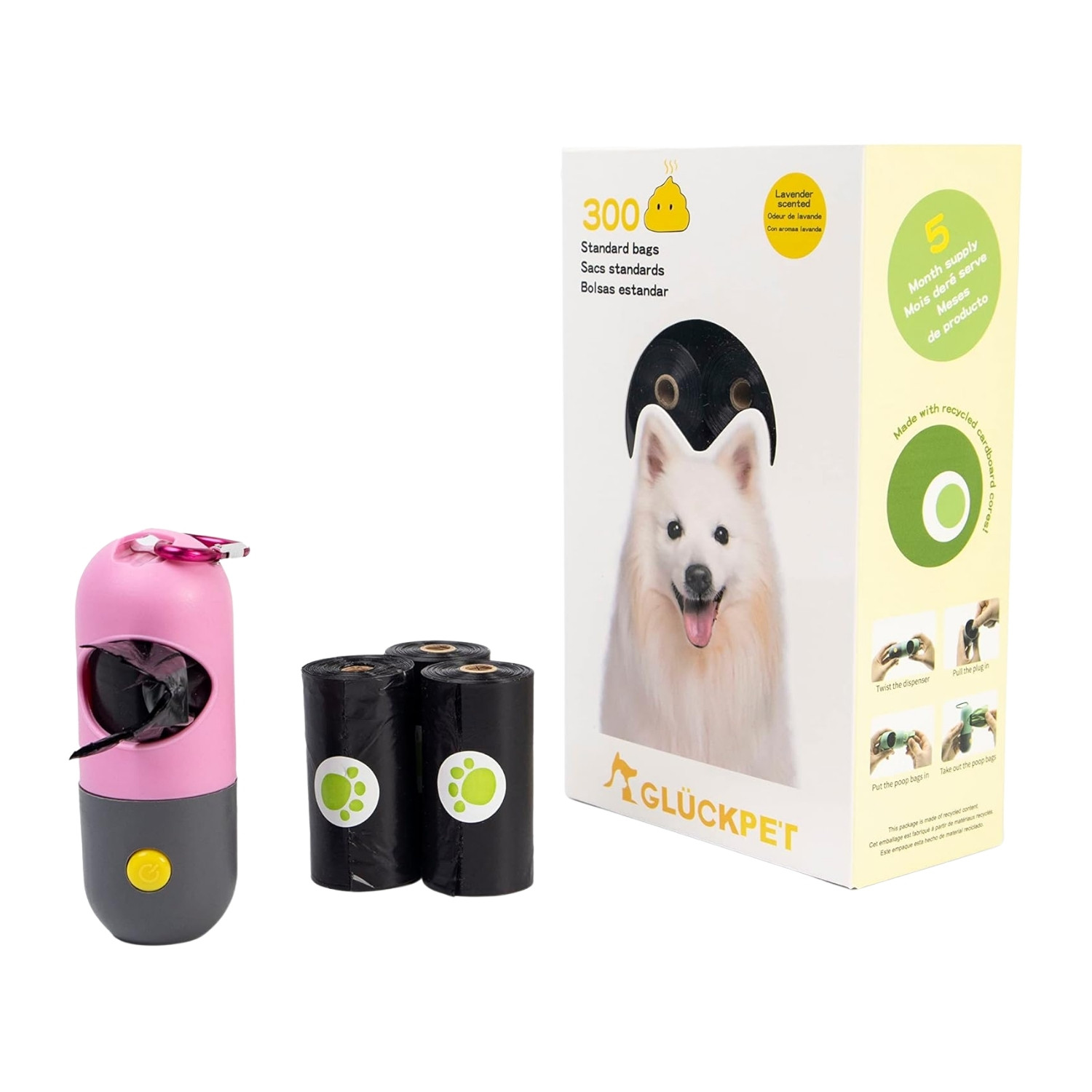 Bolsas Biodegradables para Excrementos de Perros con Dispensador Fragancia Lavanda 300 Unidades Glückpet Bolsas de Basura para P